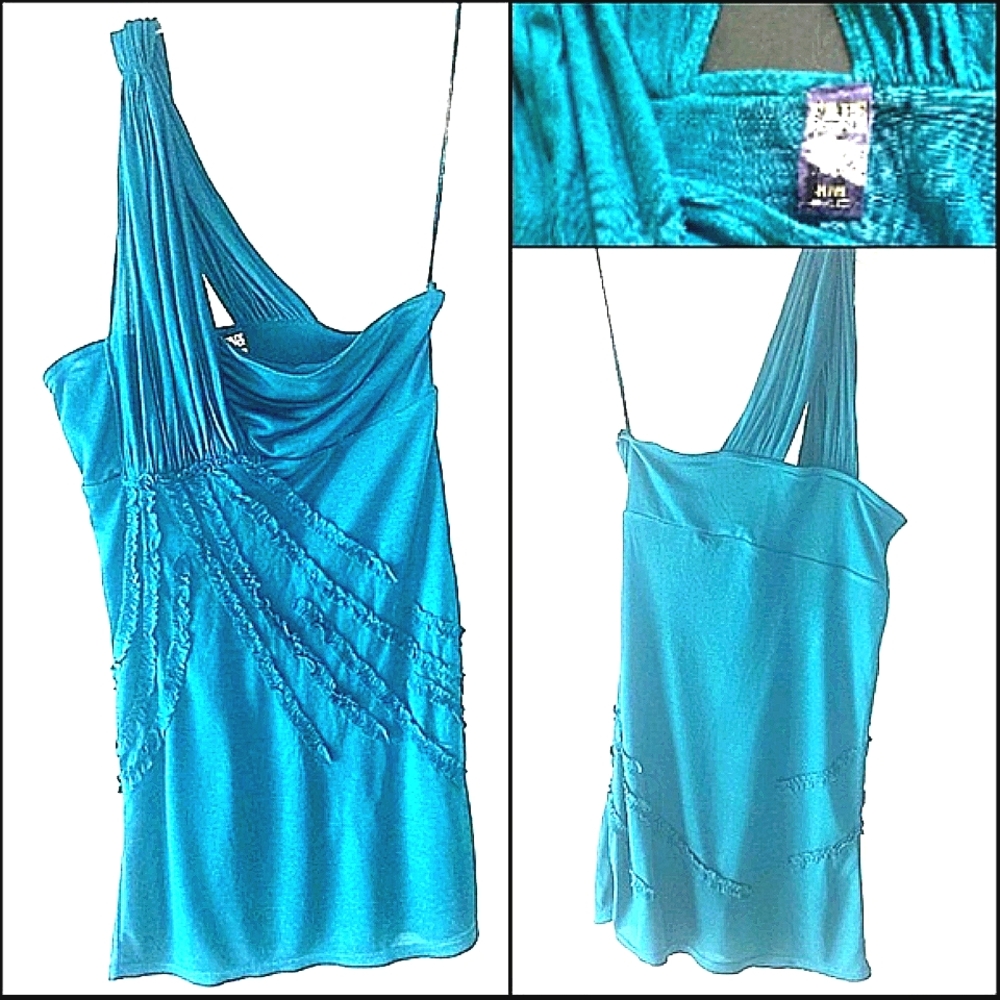 FREE PEOPLE Anthropologie TEAL Cold Shoulder BOHO Travel Top Fun Ruffles Layer